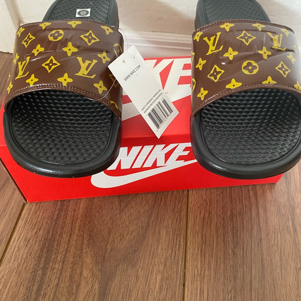 Custom nike LV brown and gold slides